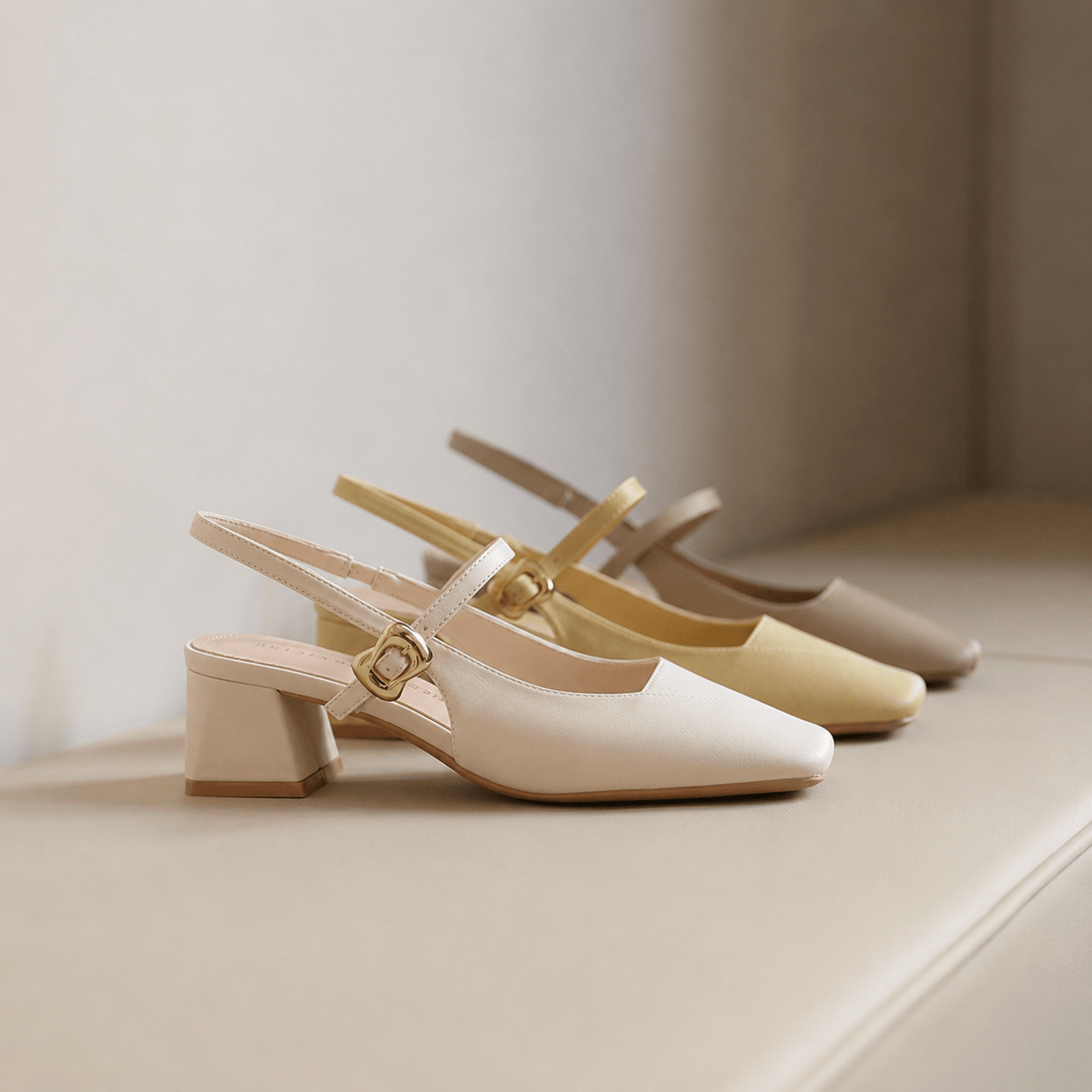 Slingback Block Heel Adjustable Strap Square Toe Shoes 895592040999 - 7 Days / Ivory / 34 - COCOMELODY